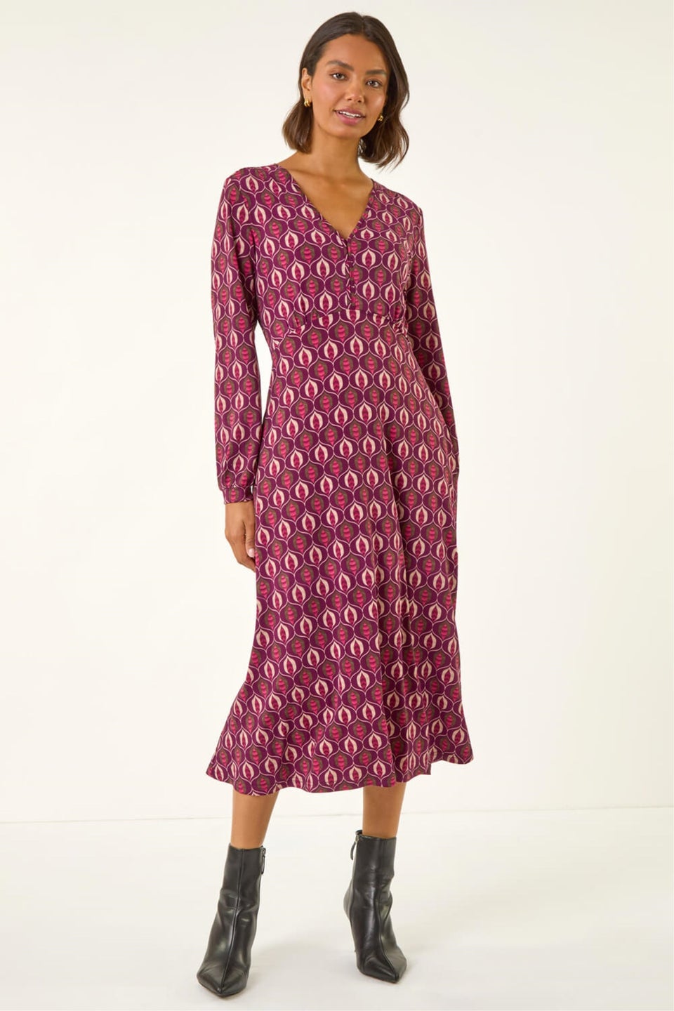 Roman Red Geo Print V-Neck Stretch Midi Dress