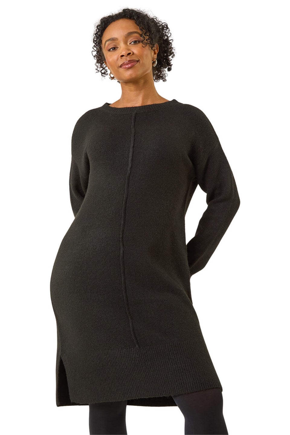 Roman Black Petite Knitted Pintuck Shift Dress