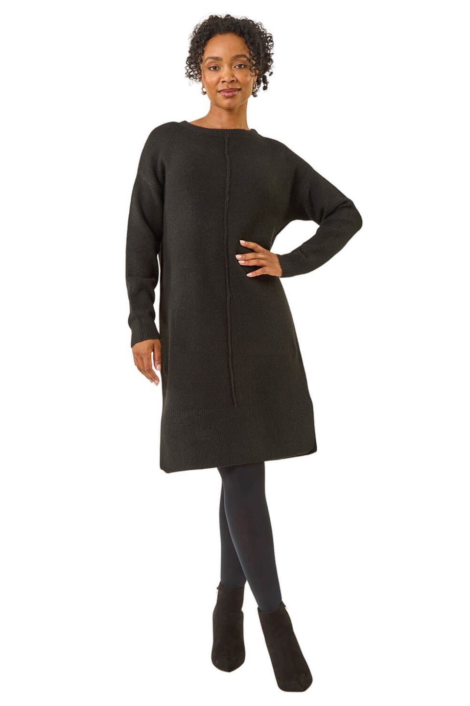 Roman Black Petite Knitted Pintuck Shift Dress