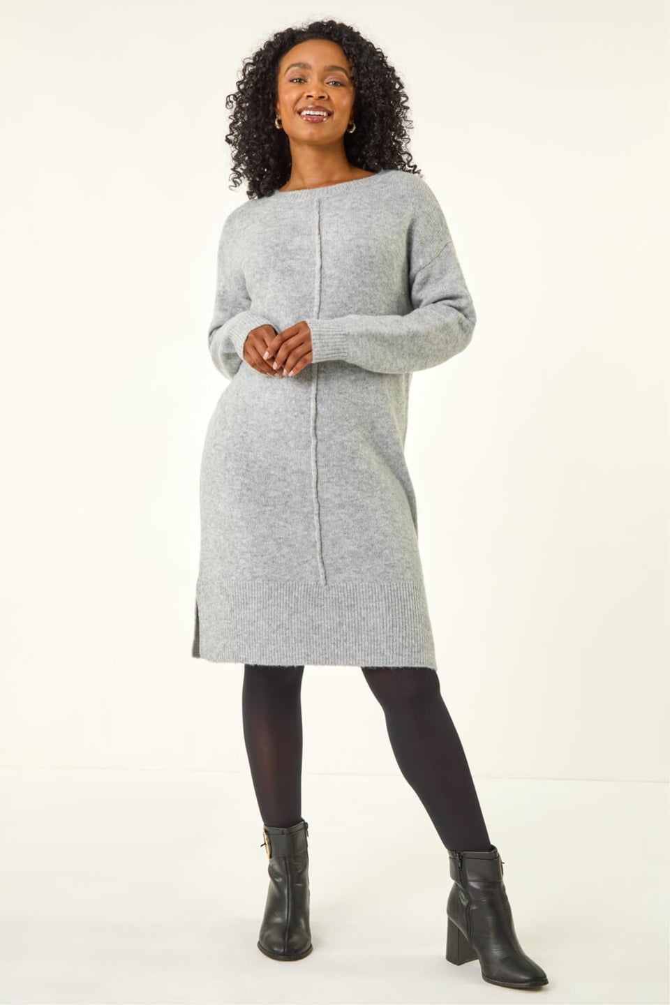 Roman Grey Petite Knitted Pintuck Shift Dress