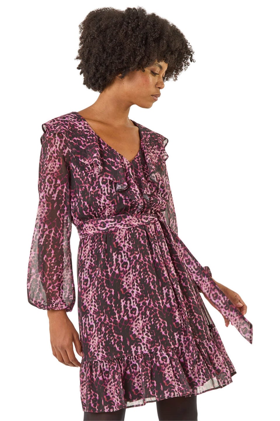Roman Pink Animal Print Frill V-Neck Dress