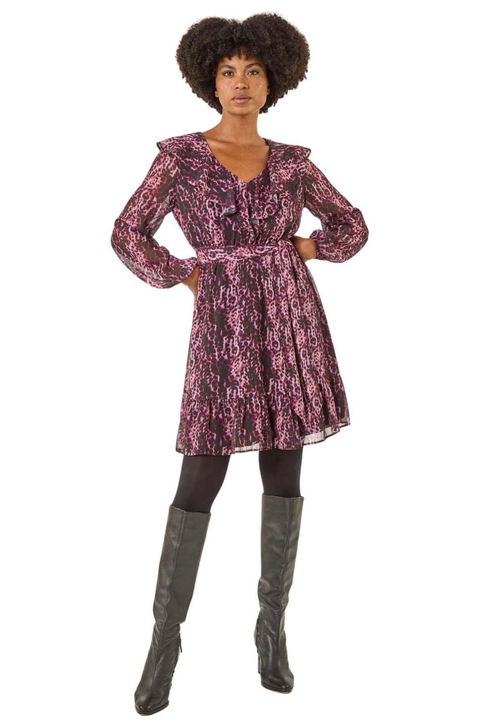 Roman Pink Animal Print Frill V-Neck Dress