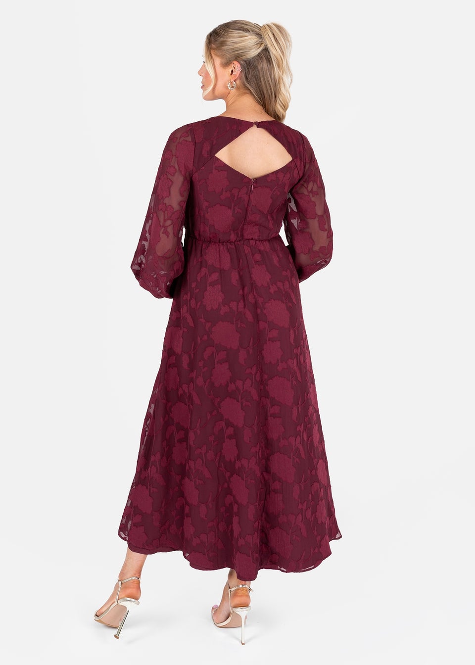 Lovedrobe Red Floral Burnout Long Sleeve Keyhole Back Midaxi Dress