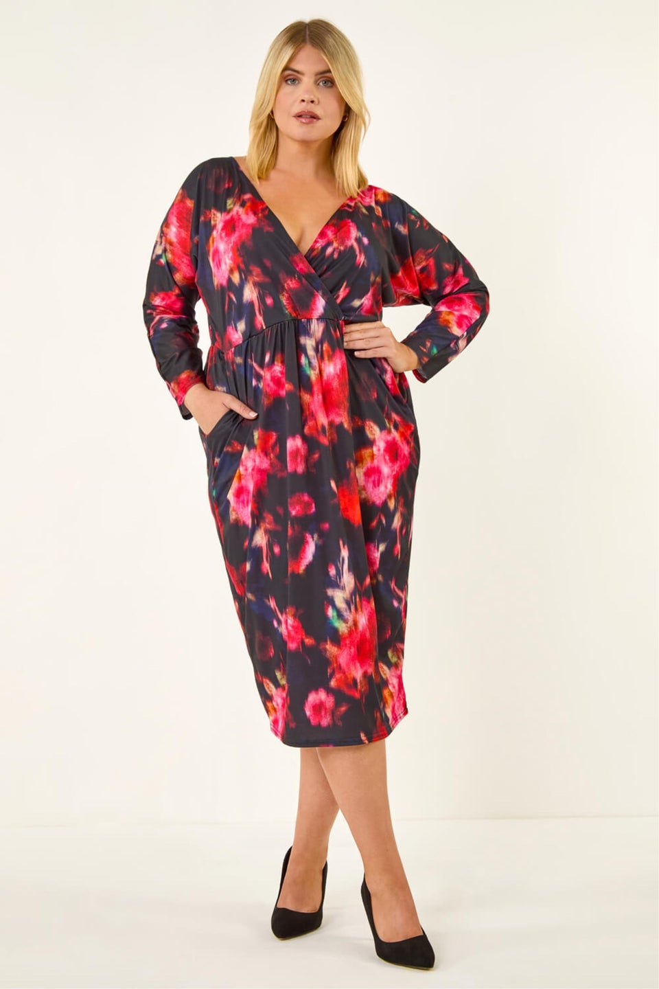 Roman Red Curve Floral Print Mesh Midi Dress