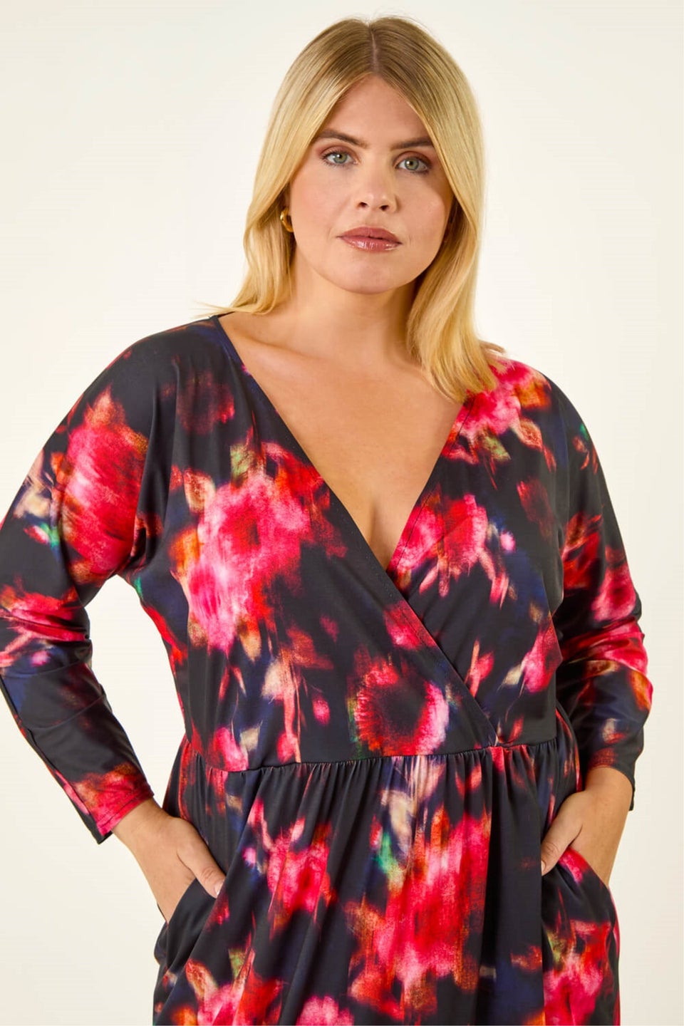 Roman Red Curve Floral Print Mesh Midi Dress