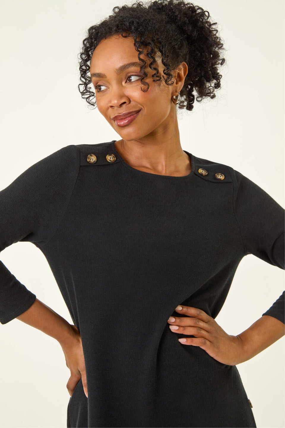 Roman Black Petite Buttoned Stretch Dress
