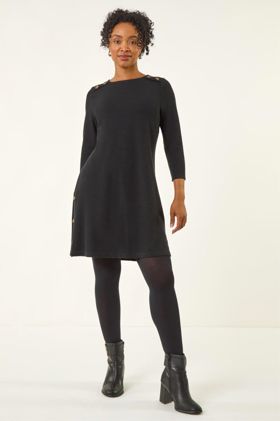 Roman Black Petite Buttoned Stretch Dress