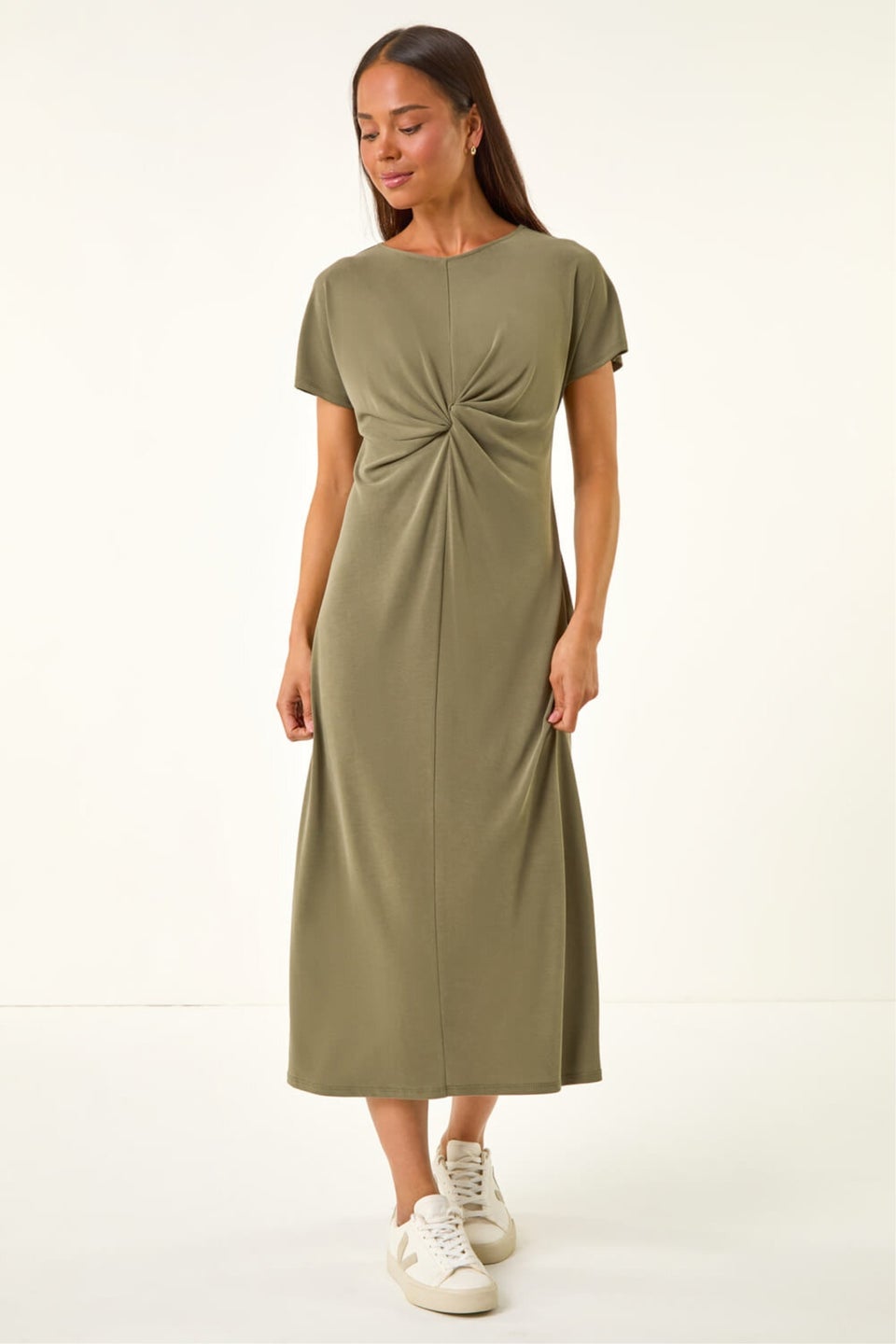 Roman Khaki Petite Twist Front Midi Dress