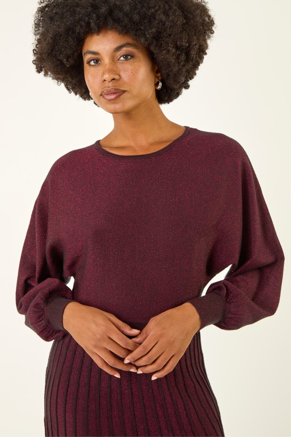 Roman Wine Shimmer Pleated Knit Midi Dress