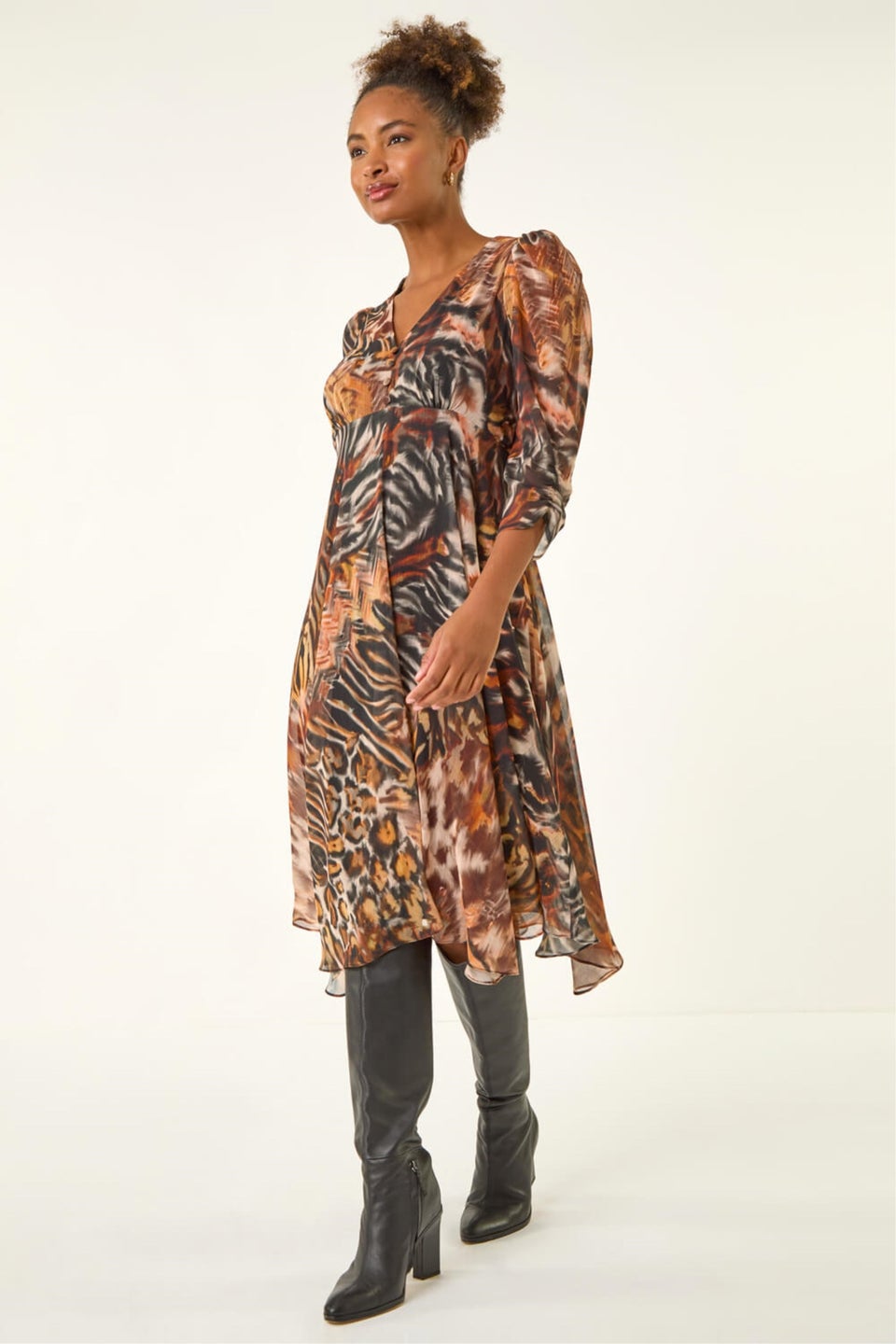 Roman Brown Animal Print Hanky Hem Dress