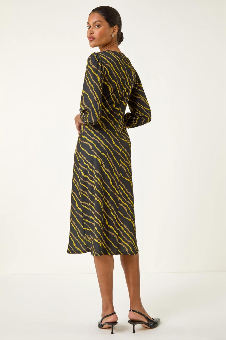 Roman Yellow Abstract Twist Front Midi Dress