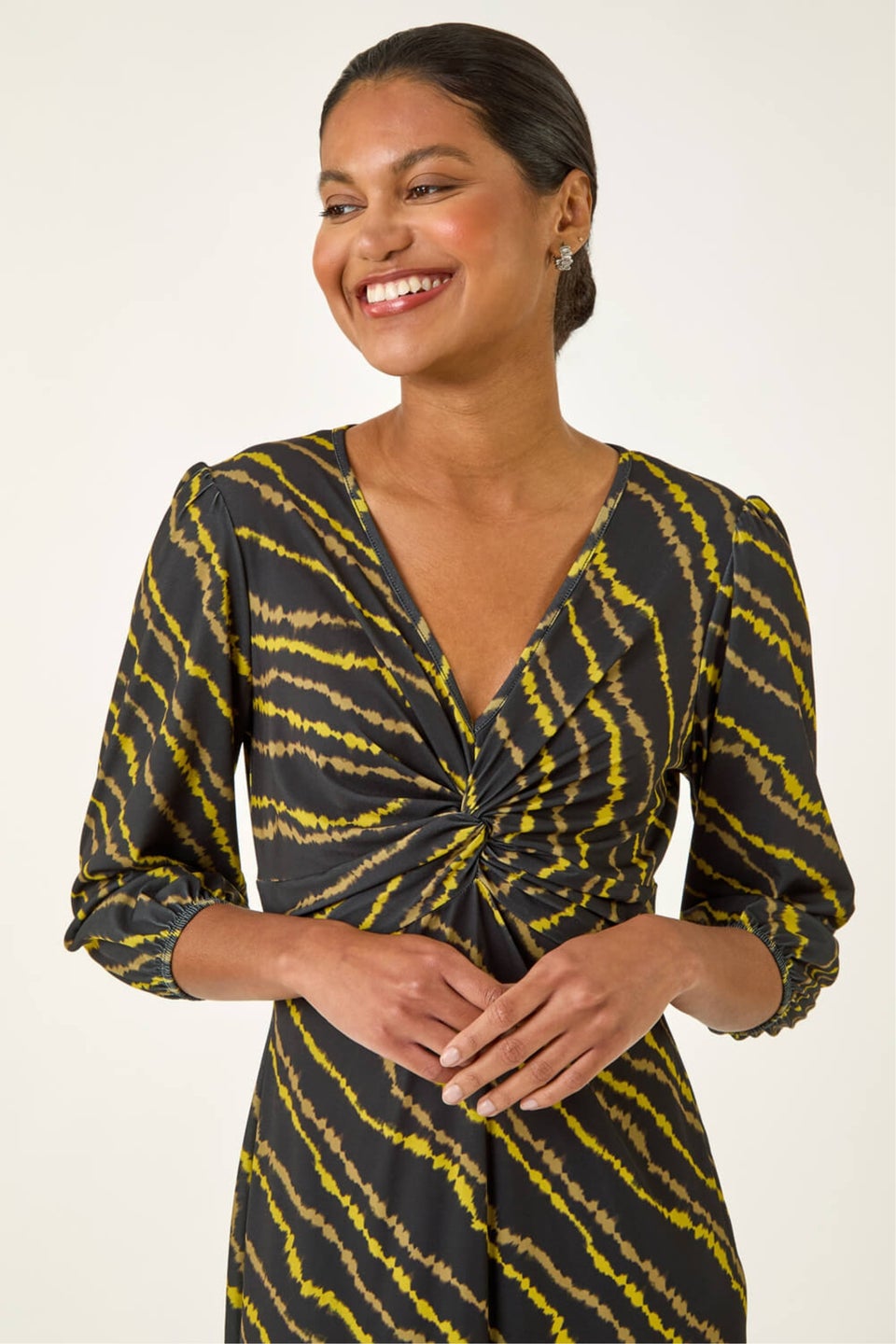 Roman Yellow Abstract Twist Front Midi Dress