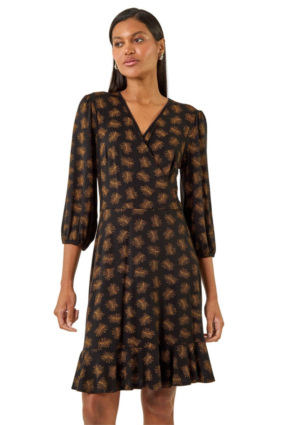 Roman Bronze Leaf Print Wrap Stretch Dress