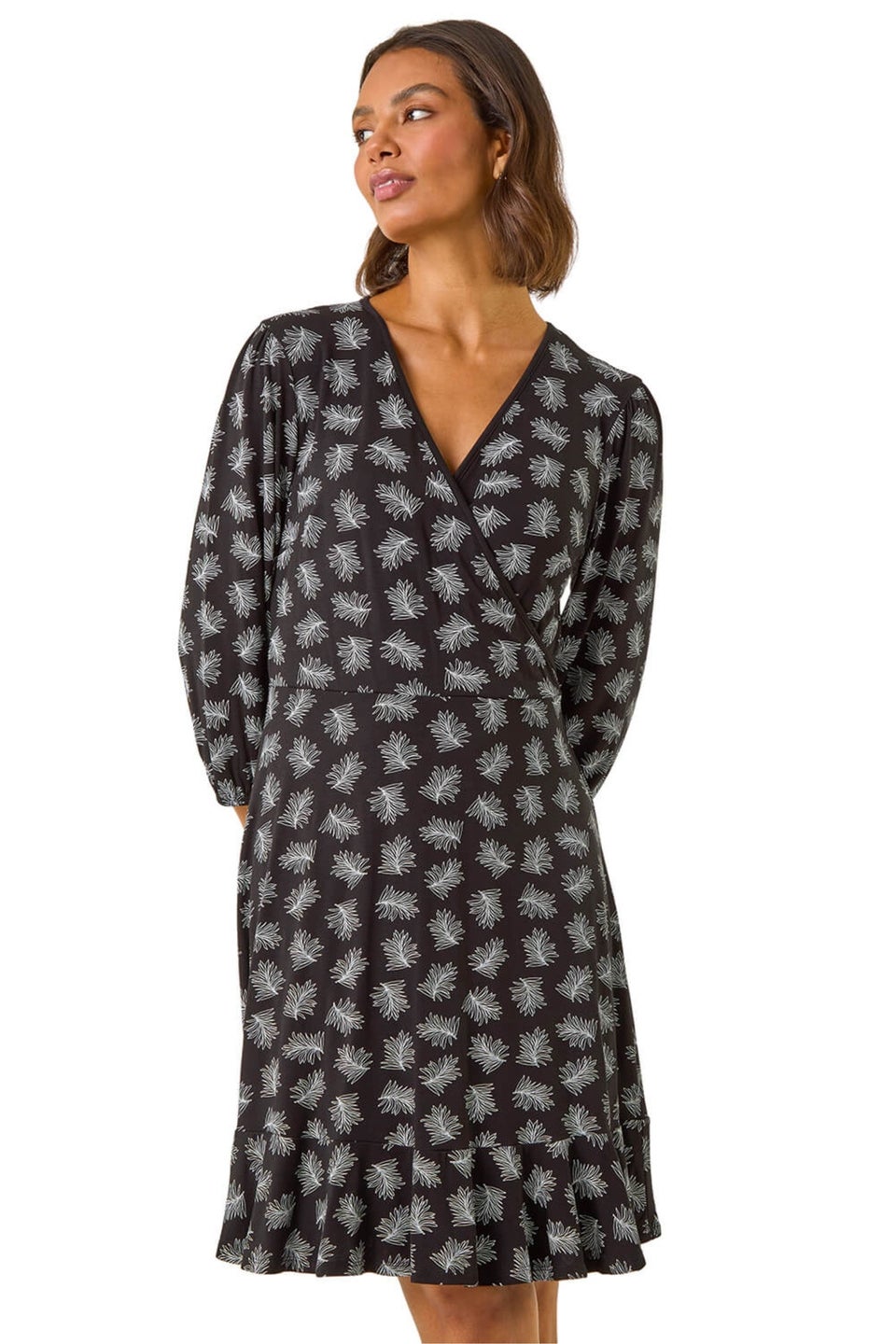 Roman Black Leaf Print Wrap Stretch Dress