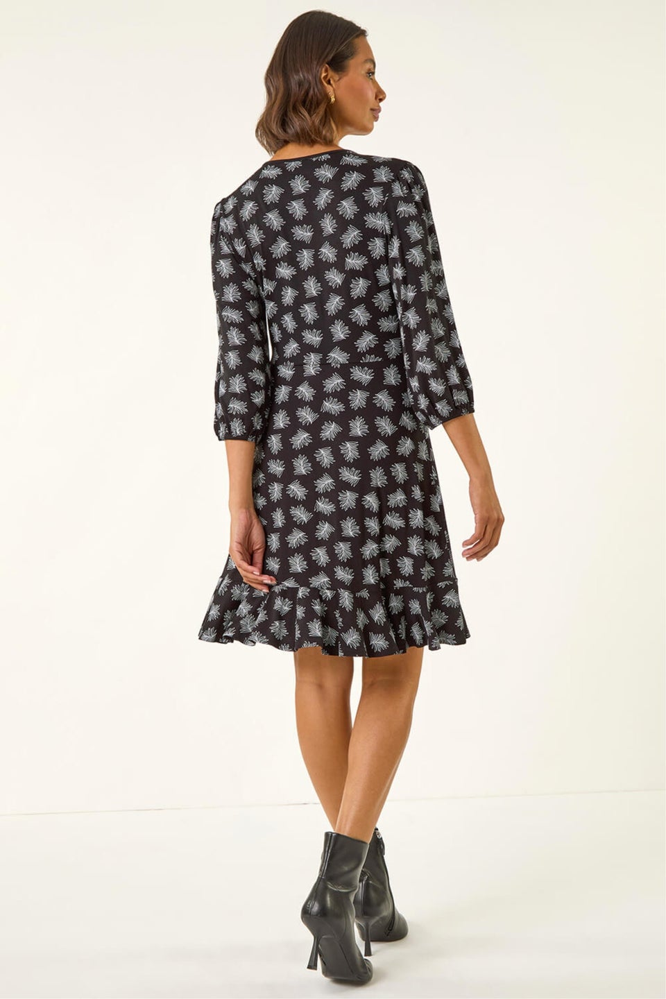 Roman Black Leaf Print Wrap Stretch Dress