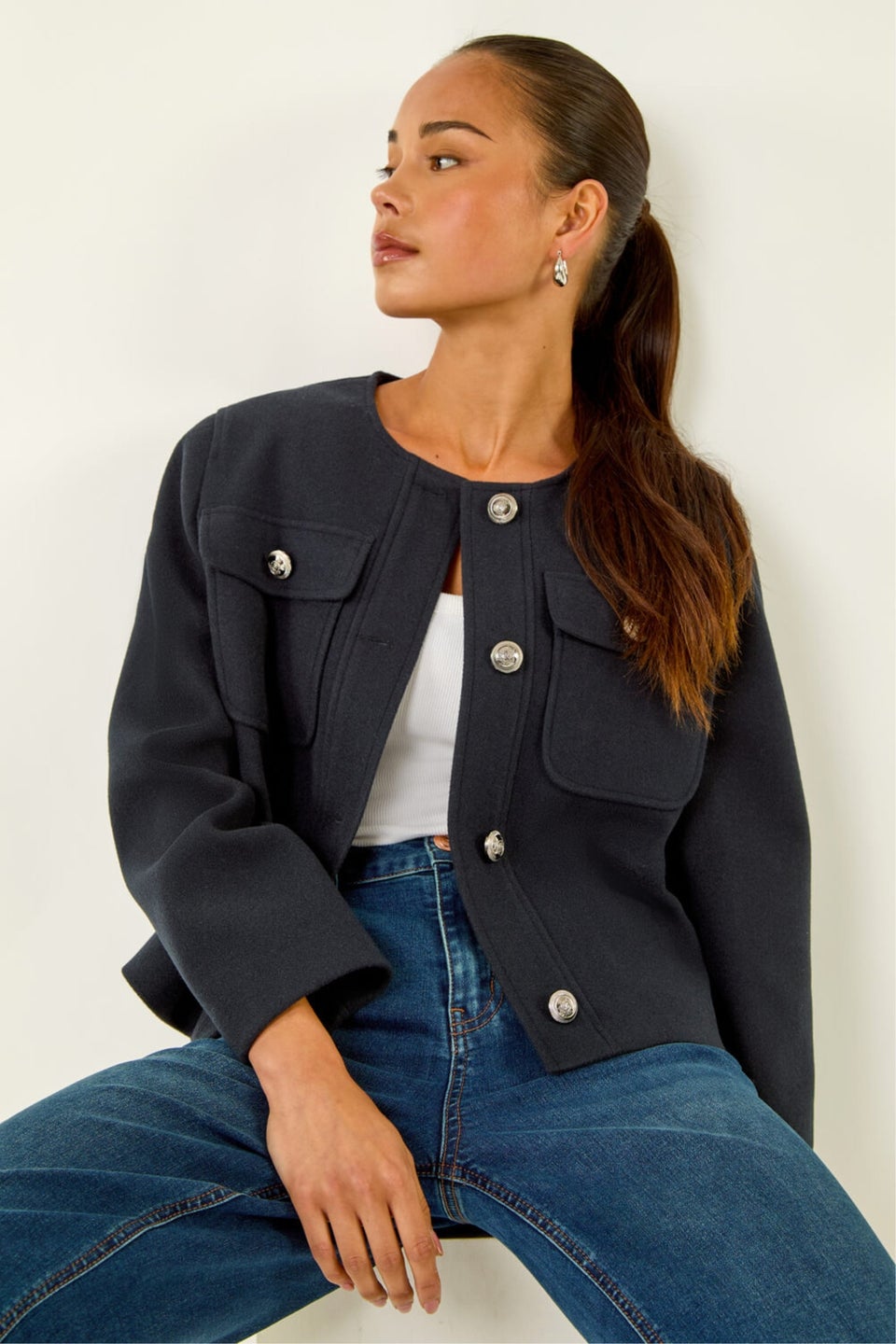 Roman Navy Petite Button Up Pocket Jacket