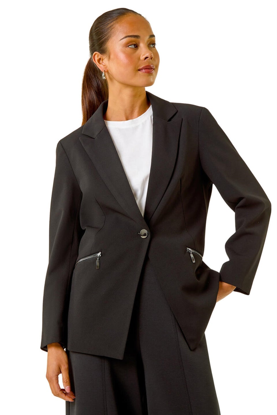 Roman Black Petite Zip Pocket Stretch Blazer