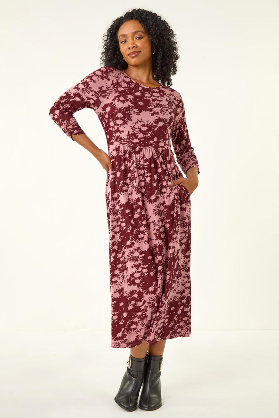 Roman Wine Petite Floral Abstract Stretch Midi Dress