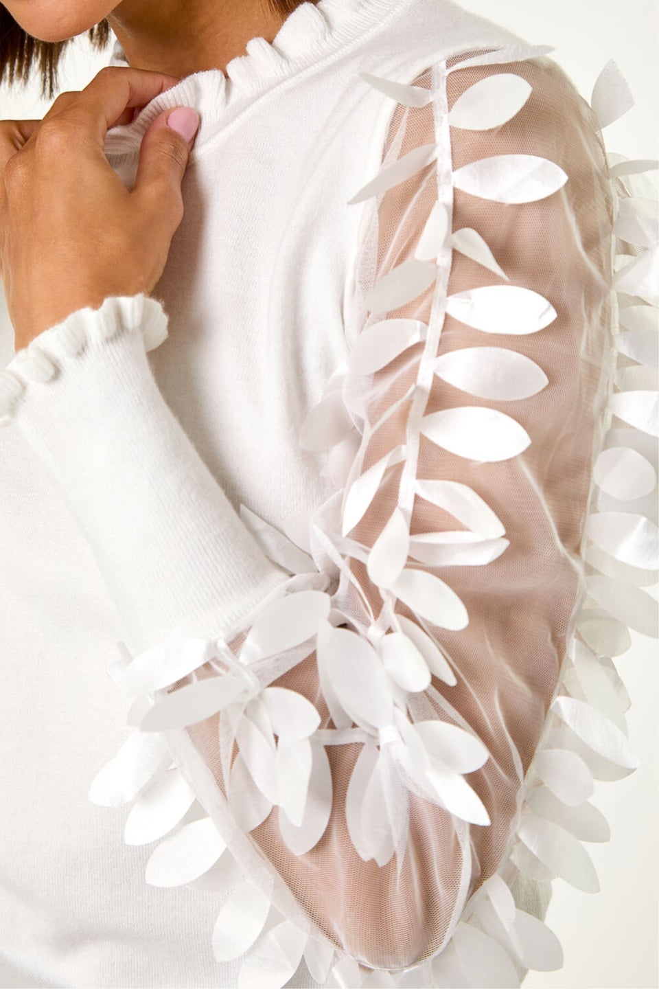 Roman Ivory Sheer Feather Sleeved Jumper