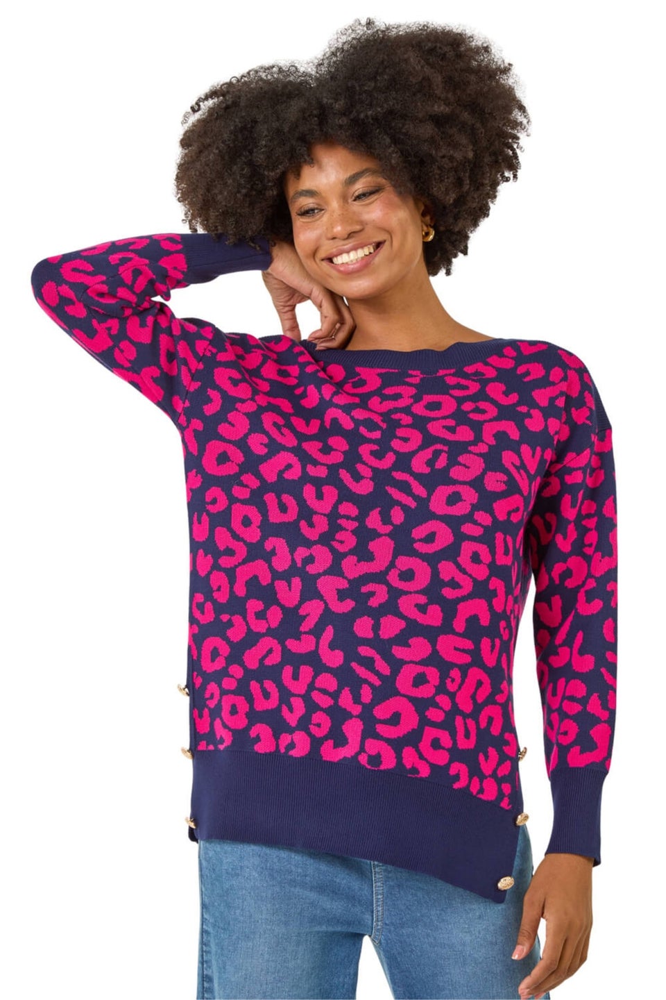 Roman Fuchsia Animal Print Button Knit Jumper
