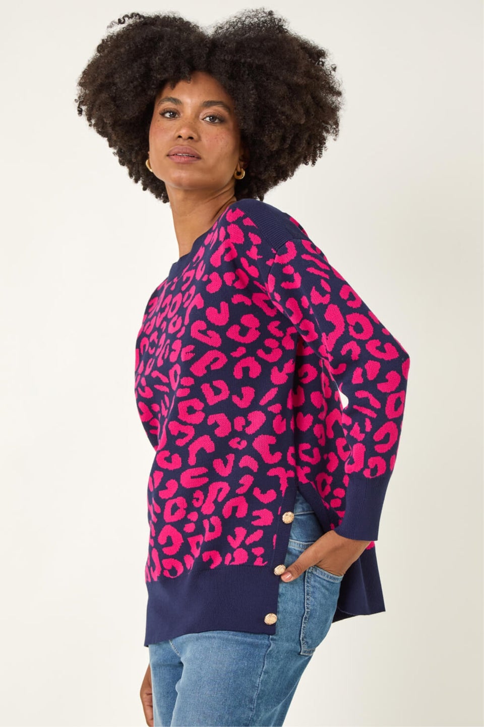 Roman Fuchsia Animal Print Button Knit Jumper