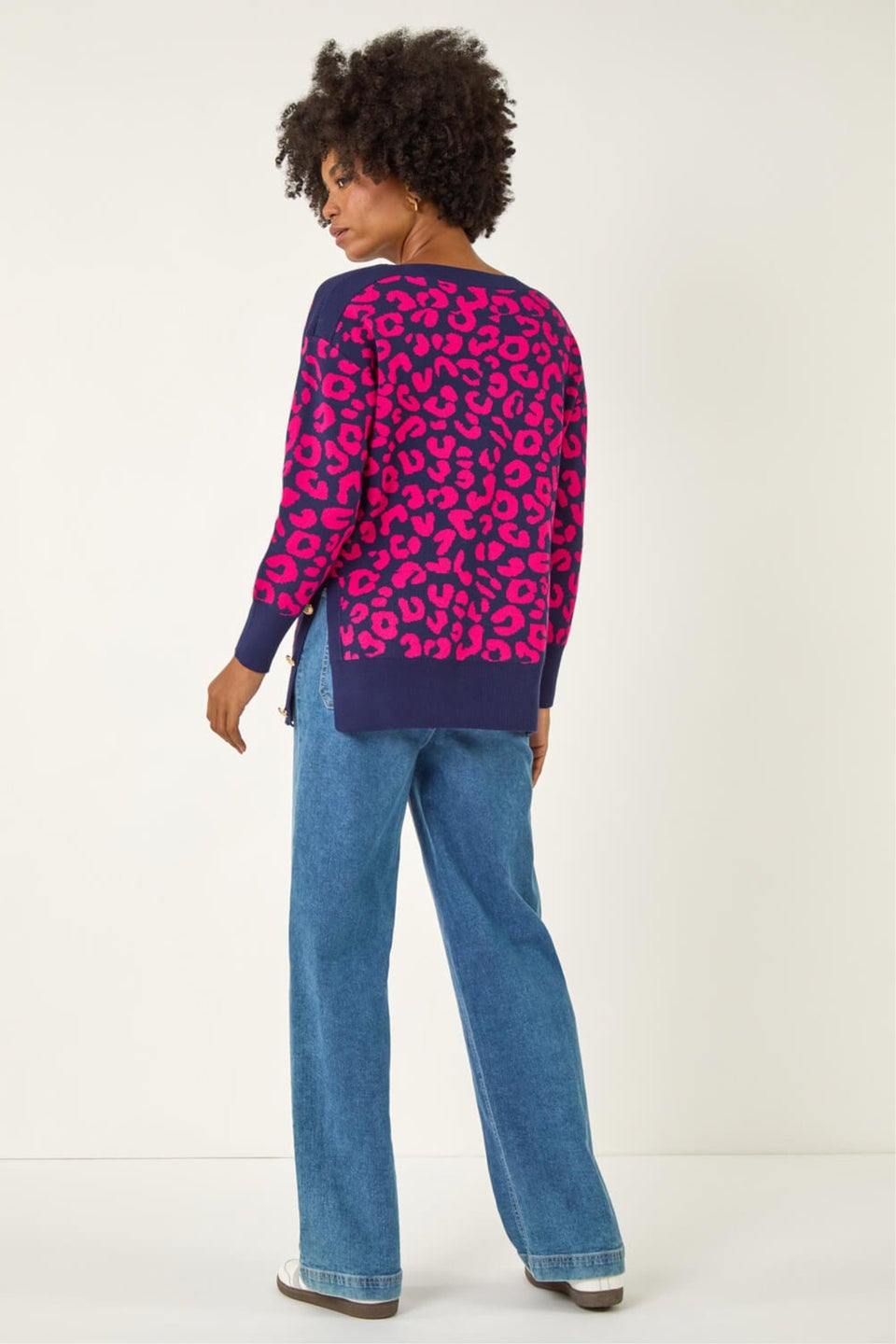 Roman Fuchsia Animal Print Button Knit Jumper