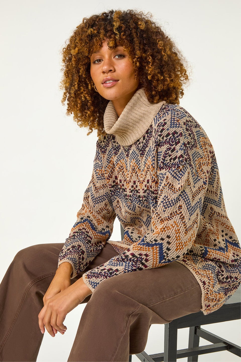 Roman Multi Jacquard Pattern Turtle Neck Knit Jumper