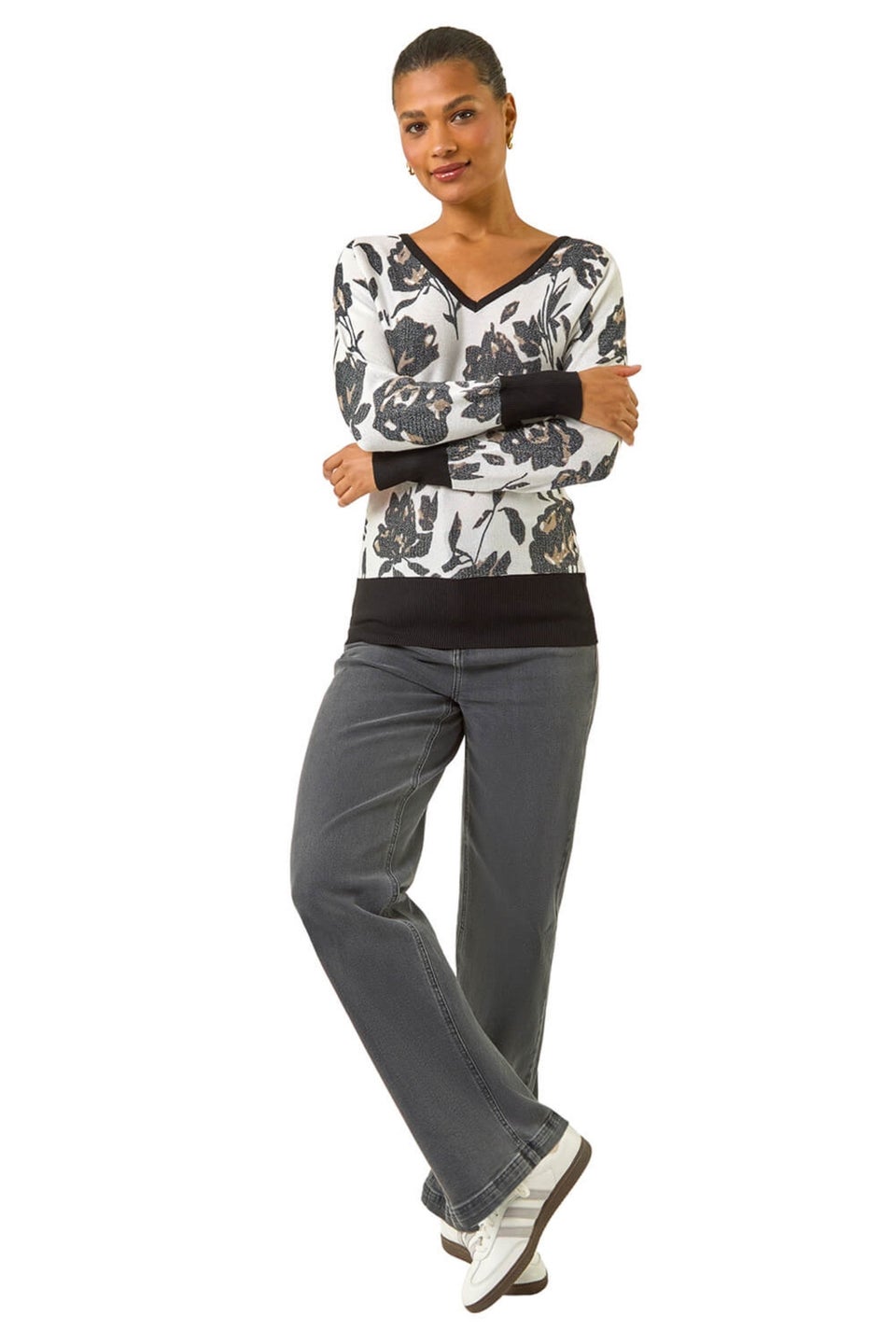 Roman Ivory Floral Print V-Neck Knit Jumper
