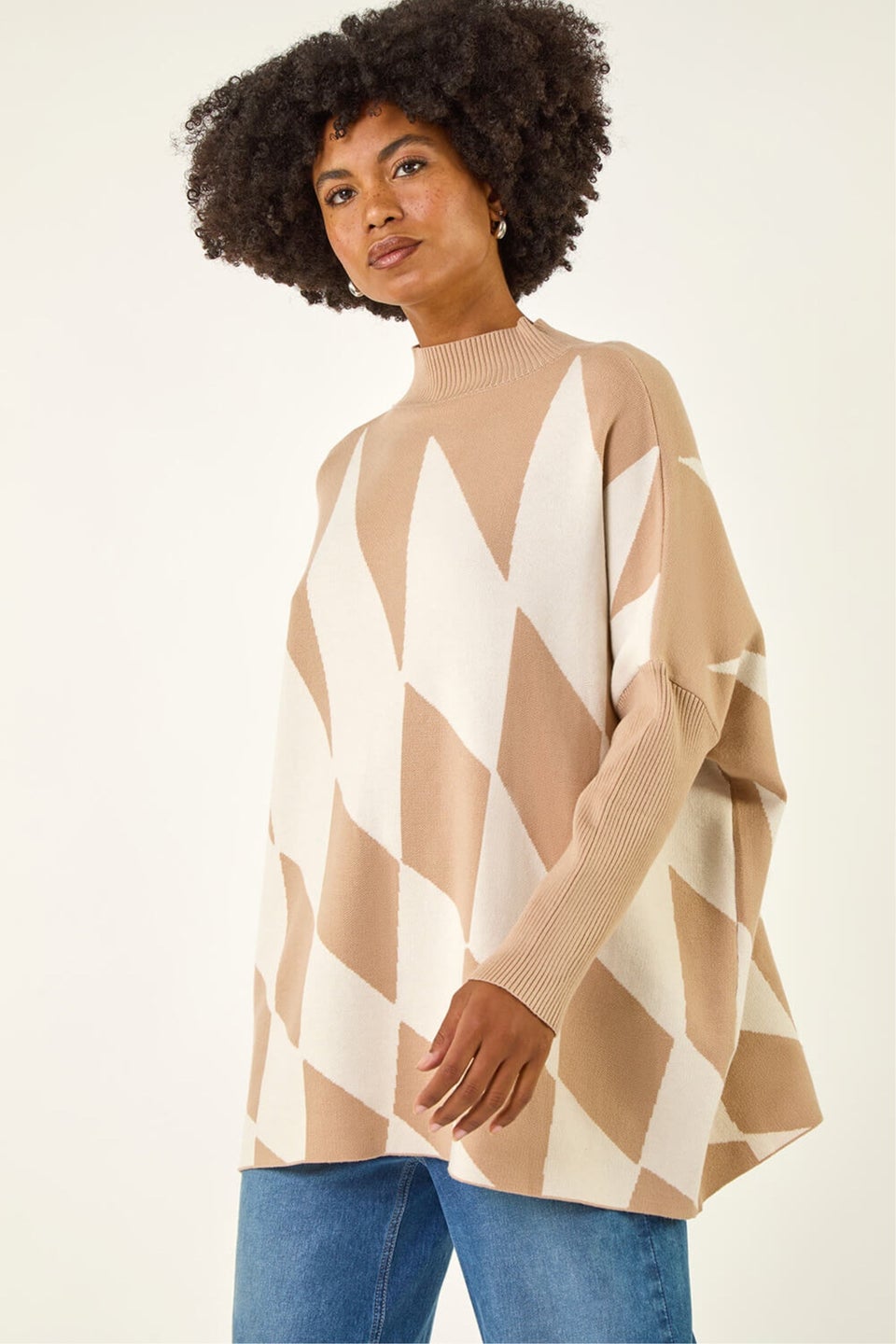 Roman Natural Geometric Plaid Knit Poncho