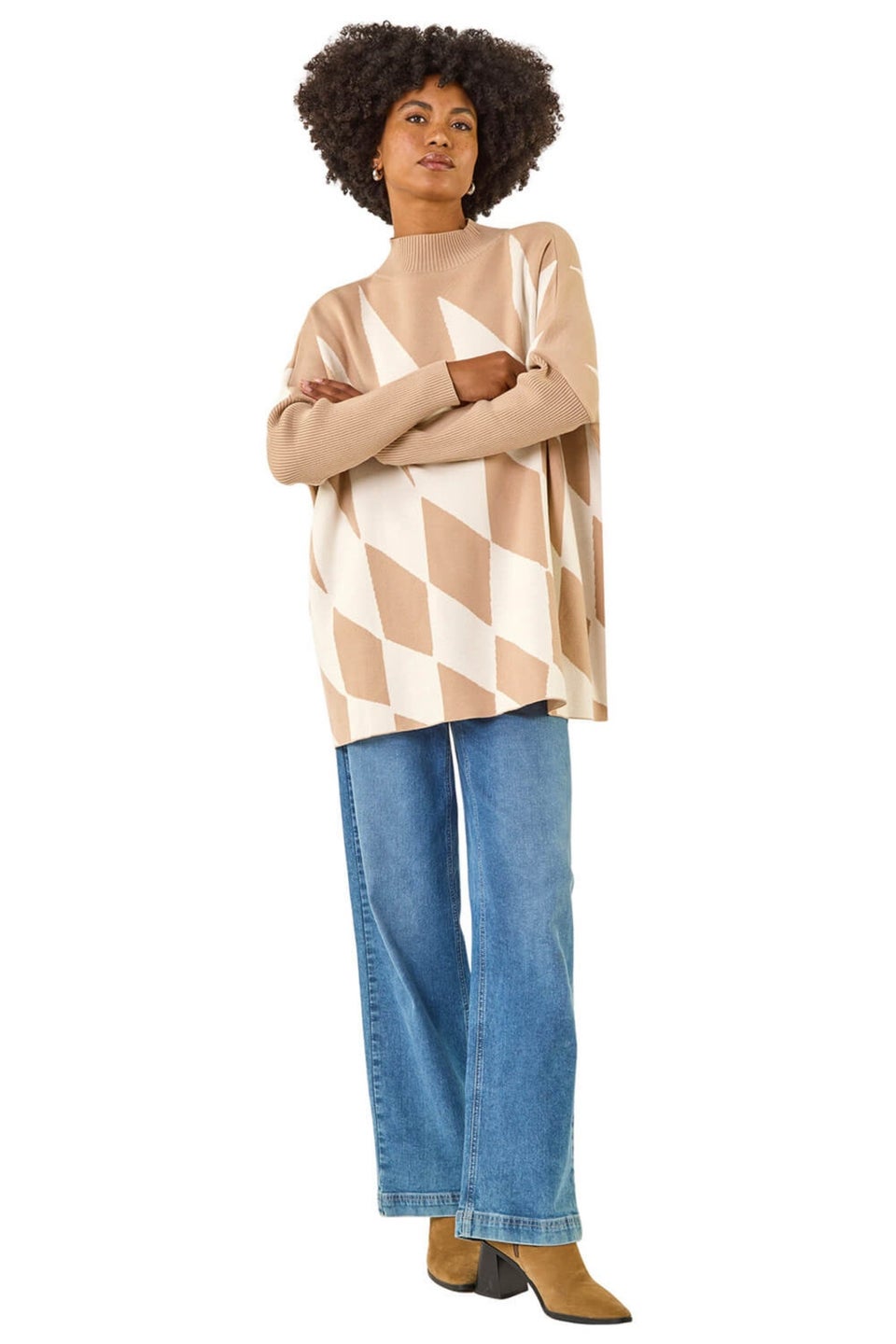 Roman Natural Geometric Plaid Knit Poncho