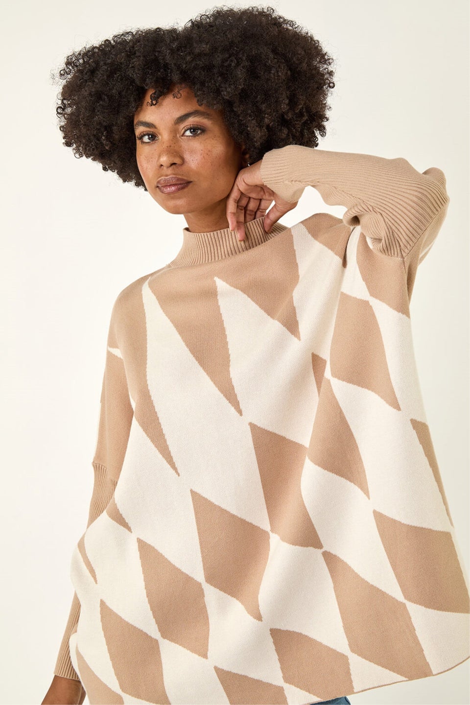 Roman Natural Geometric Plaid Knit Poncho