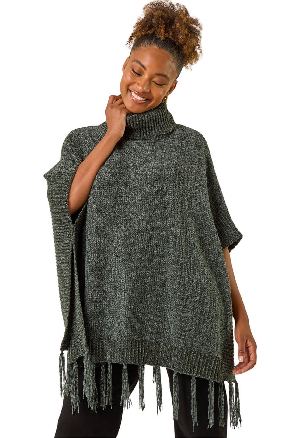 Roman Dark Green Tassle Trim Knit Poncho