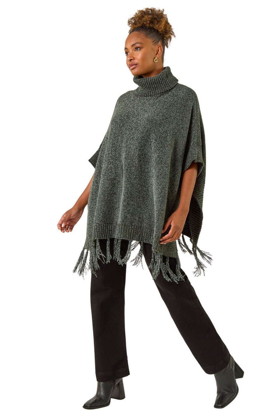 Roman Dark Green Tassle Trim Knit Poncho