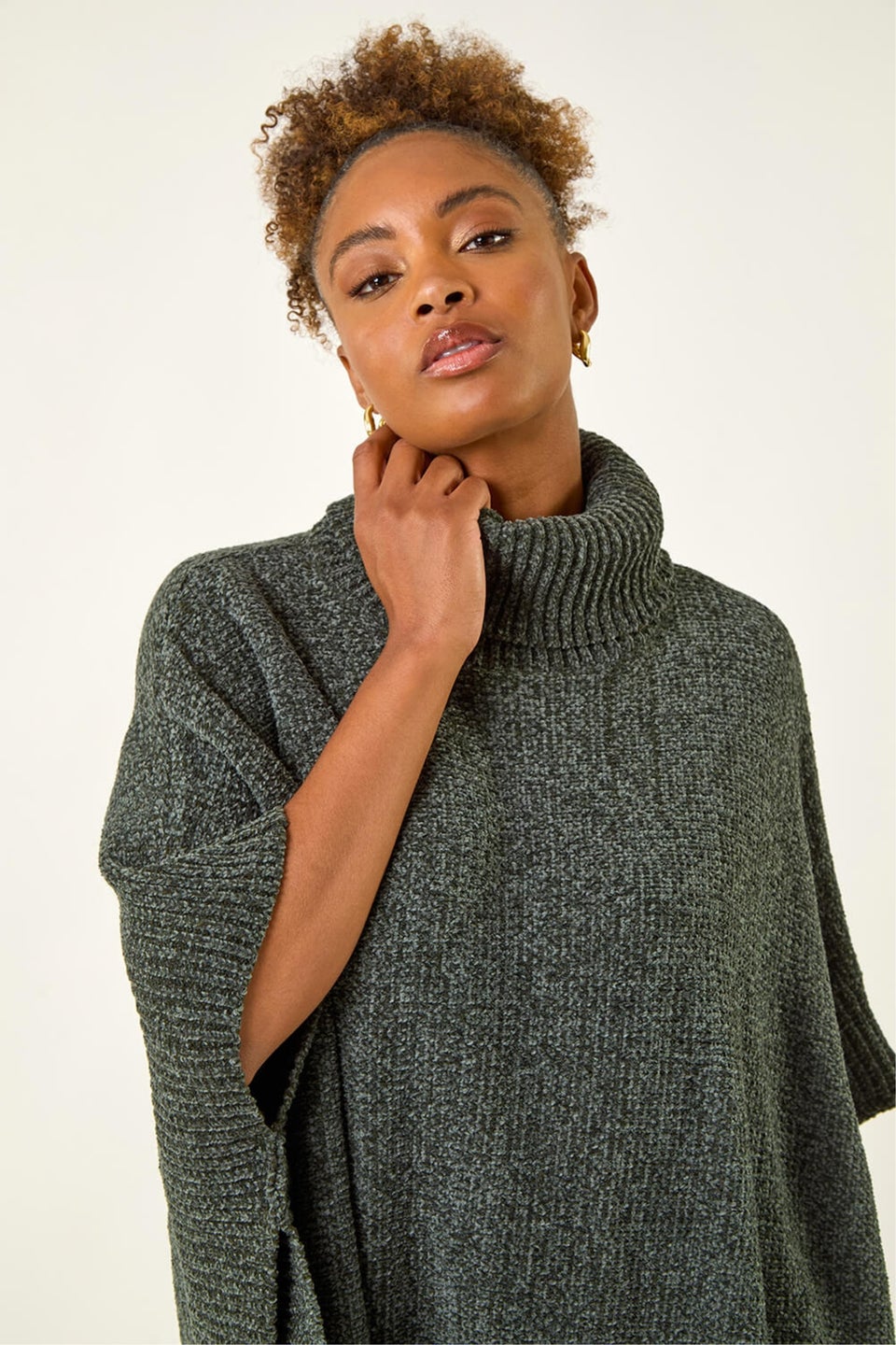 Roman Dark Green Tassle Trim Knit Poncho