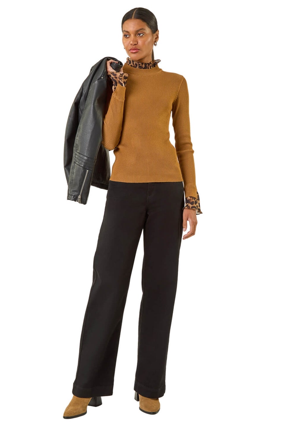 Roman Tan Leopard Ruffle Trim Jumper