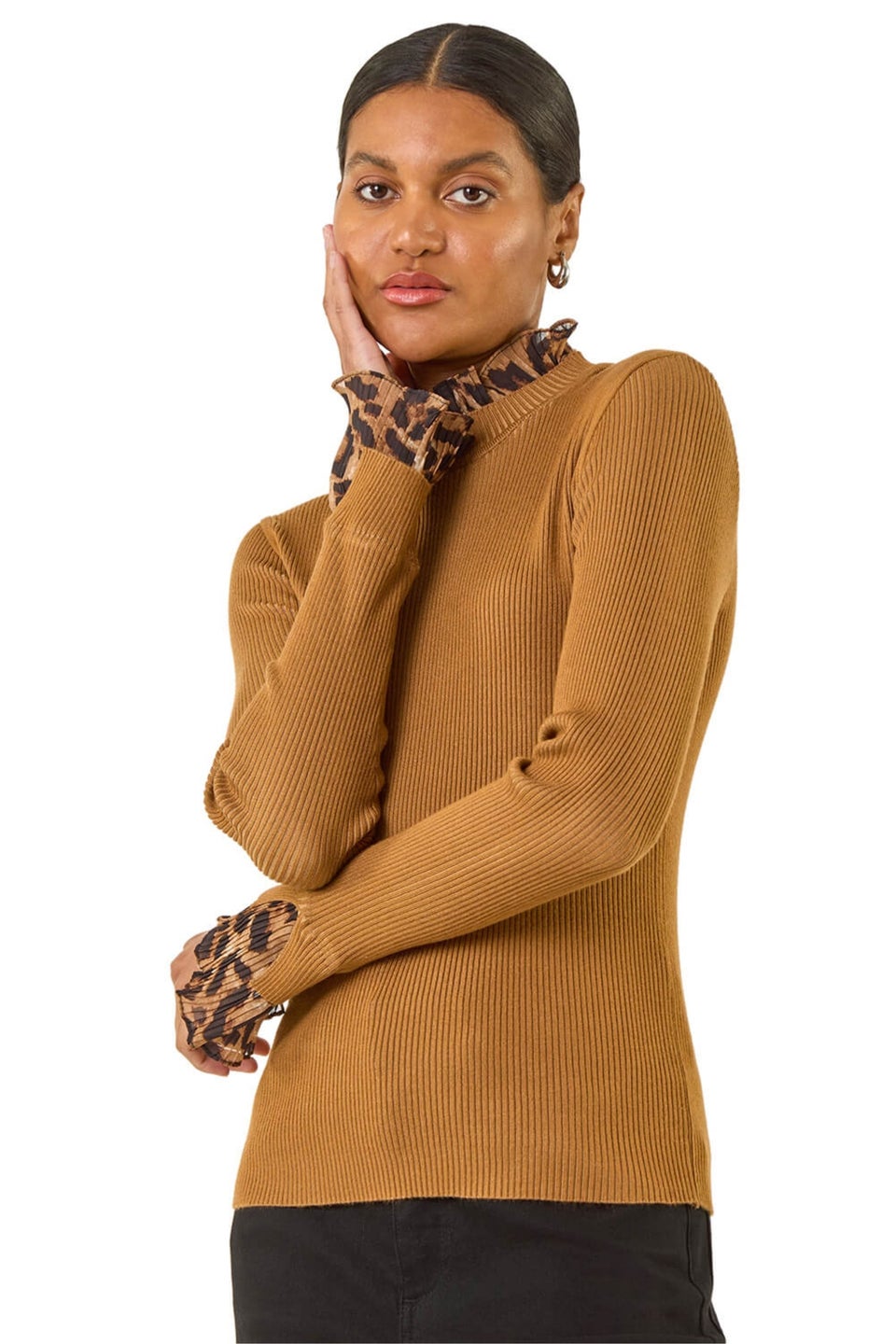 Roman Tan Leopard Ruffle Trim Jumper