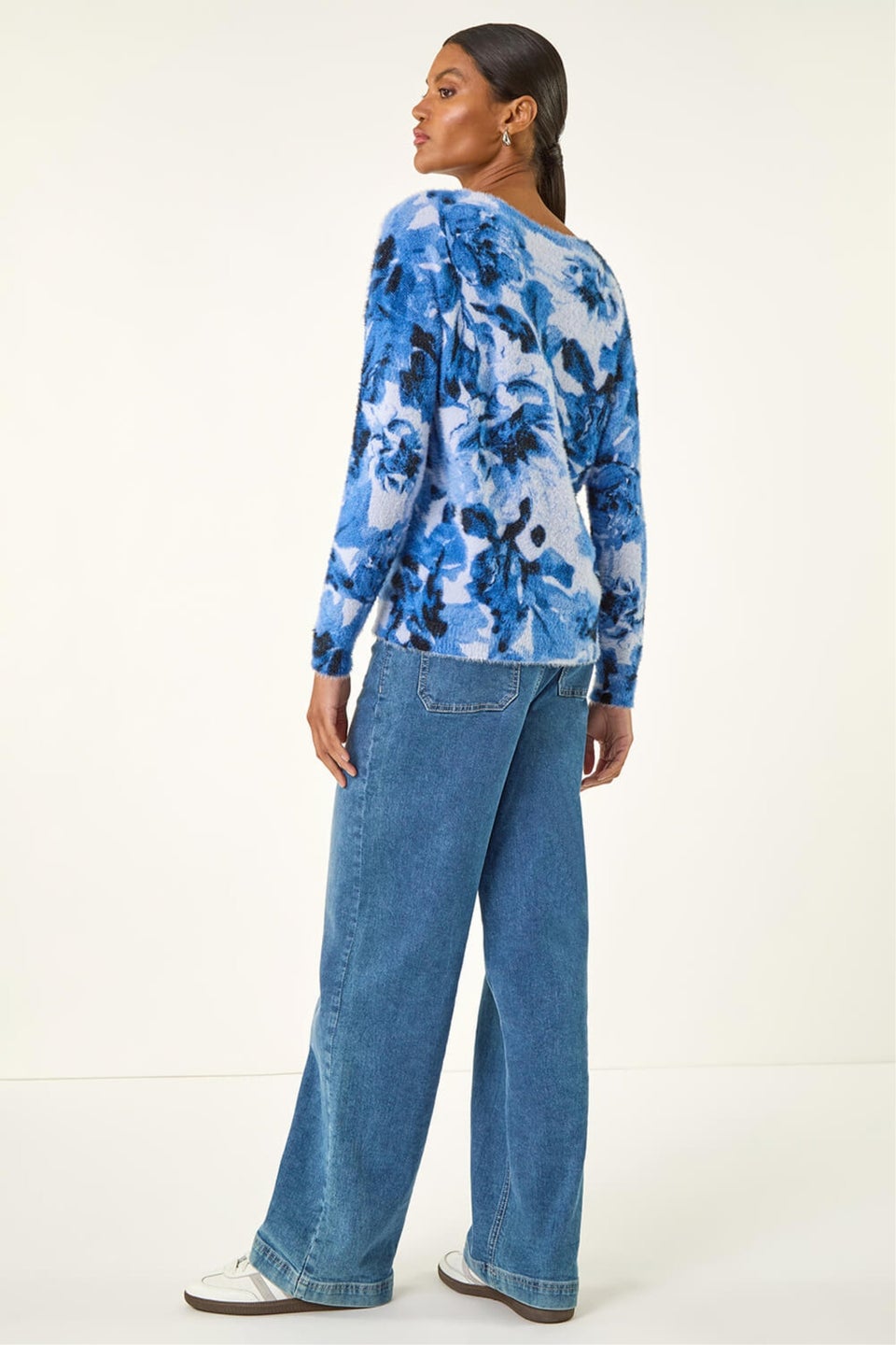 Roman Blue Fluffy Floral Print Knit Jumper