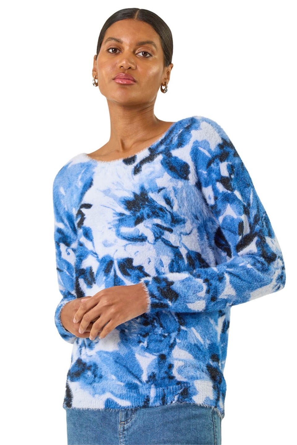 Roman Blue Fluffy Floral Print Knit Jumper