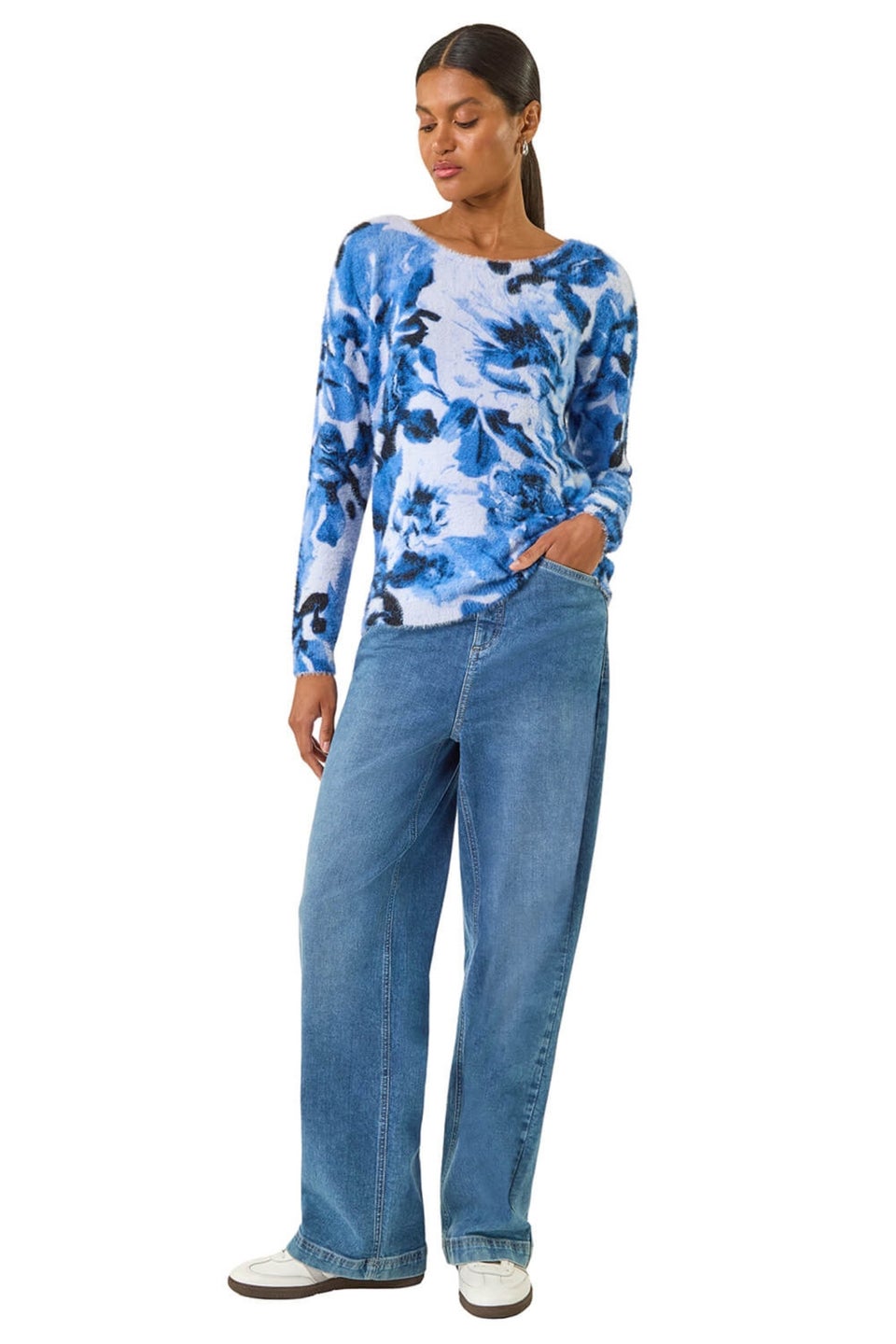 Roman Blue Fluffy Floral Print Knit Jumper