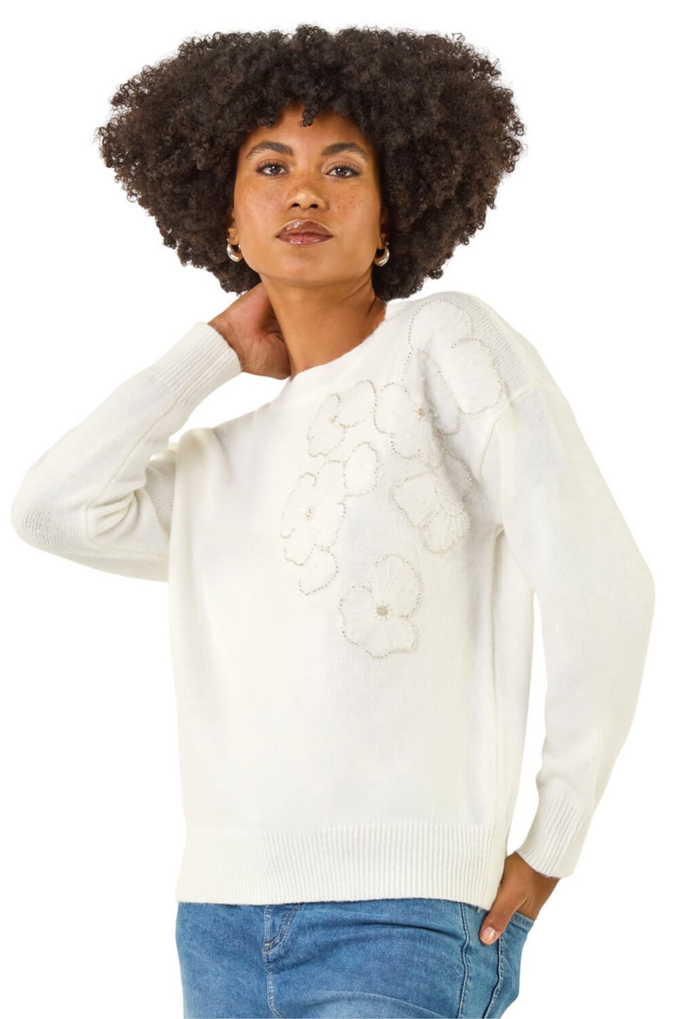 Roman Ivory Floral Embroidered Sequin Knit Jumper