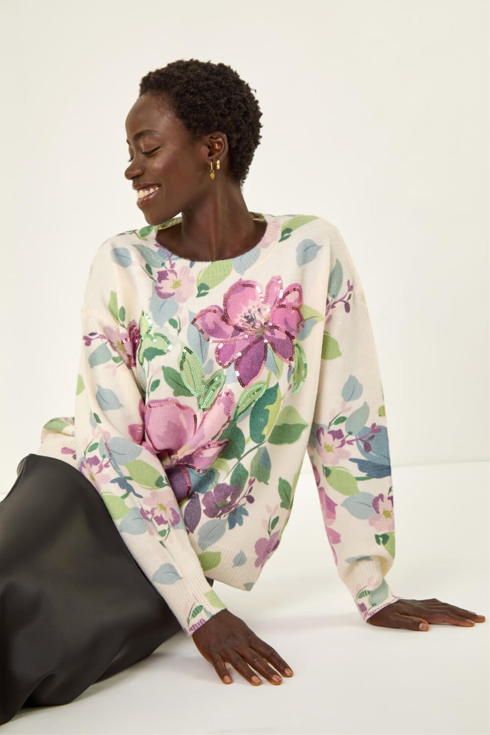 Roman Ivory Floral Sequin Knit Jumper