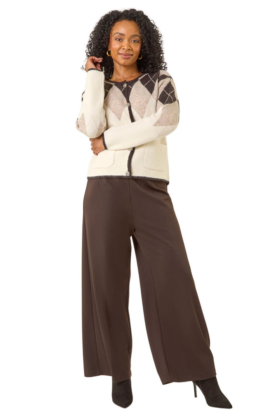 Roman Natural Petite Buttoned Argyle Knit Cardigan