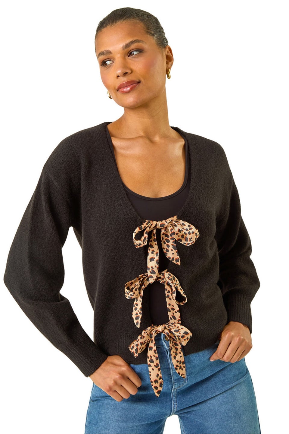 Roman Black Animal Tie Front Knit Cardigan