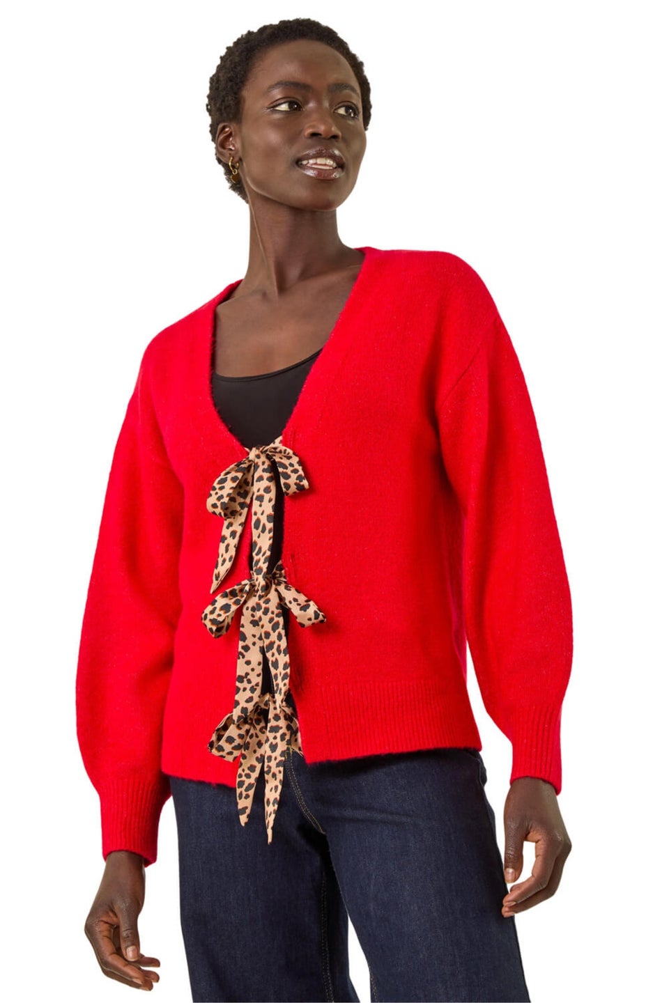Roman Red Animal Tie Front Knit Cardigan