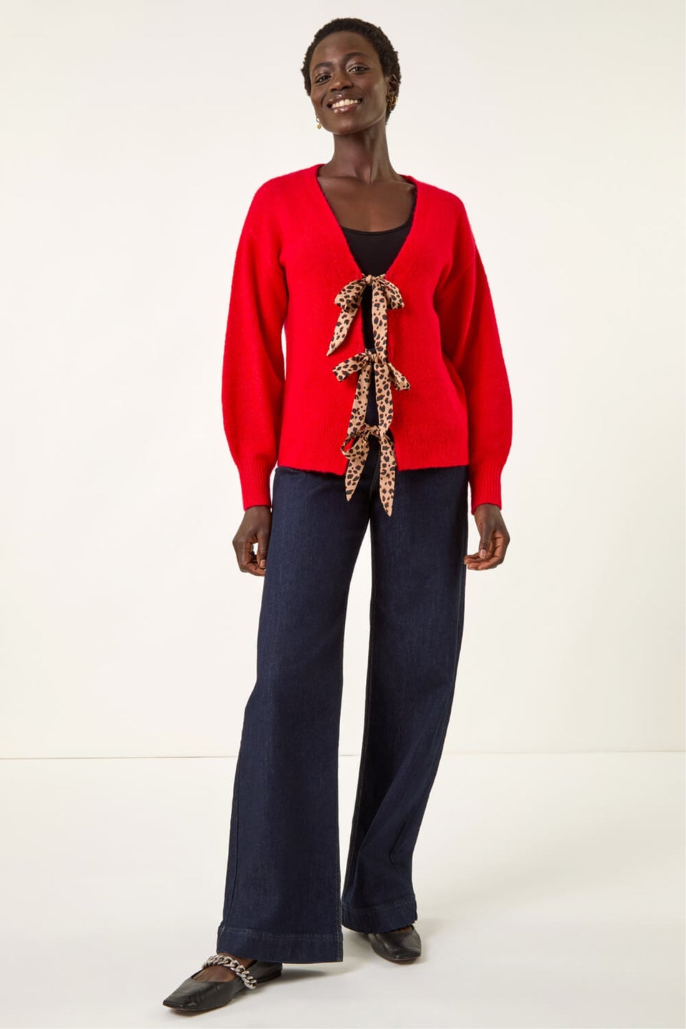 Roman Red Animal Tie Front Knit Cardigan