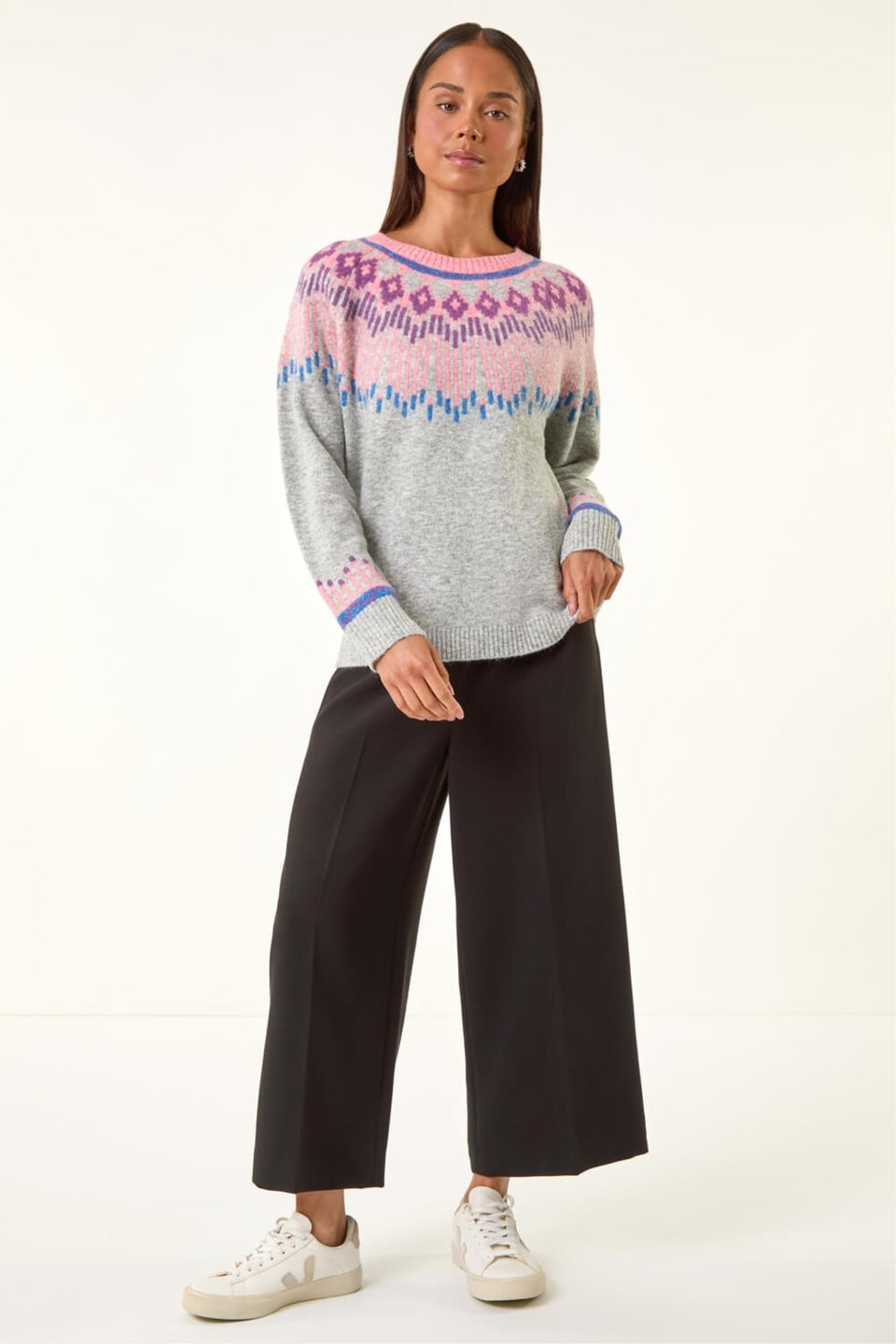 Roman Grey Petite Fairisle Raglan Knit Jumper