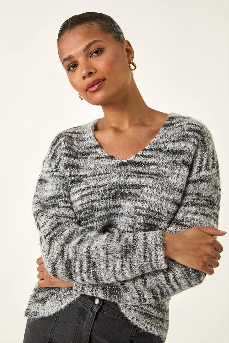 Roman Black Shimmer V-Neck Knitted Jumper