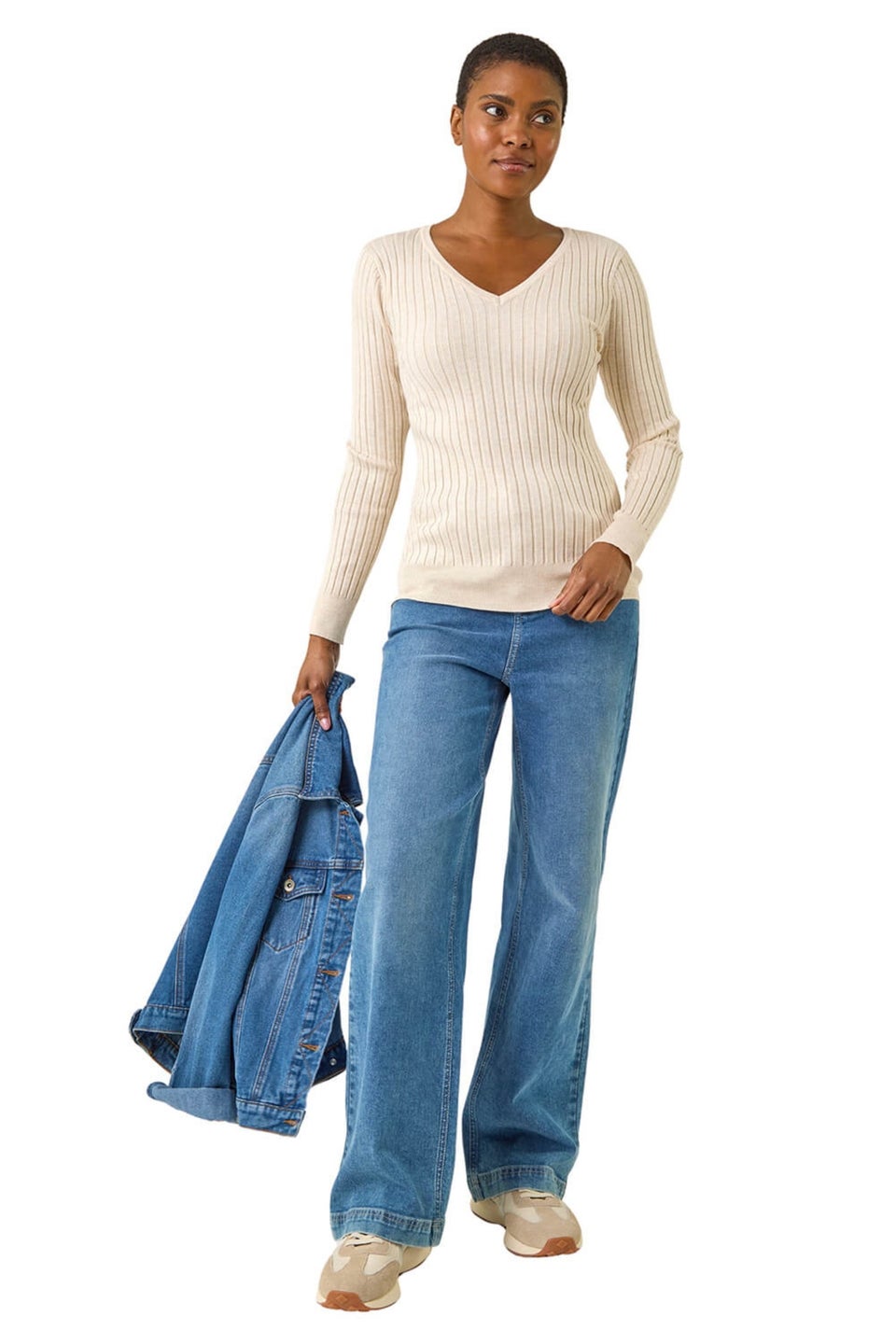 Roman Ivory V-Neck Ribbed Knit Jumper