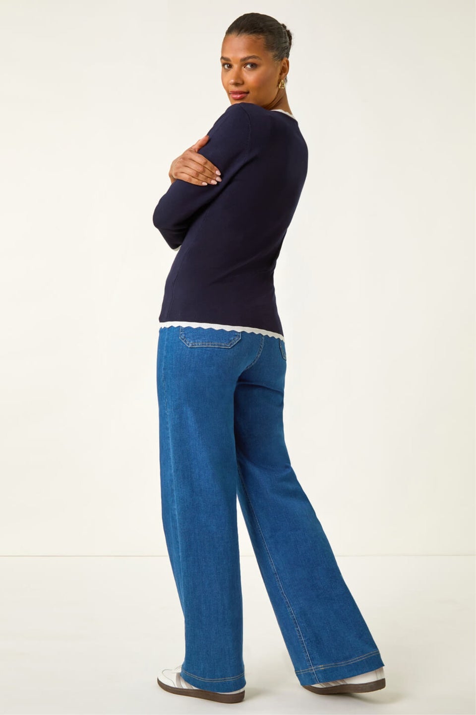 Roman Navy Scallop Neck Button Knit Jumper
