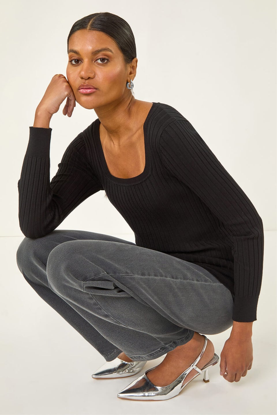 Roman Black Square Neck Ribbed Knit Jumper